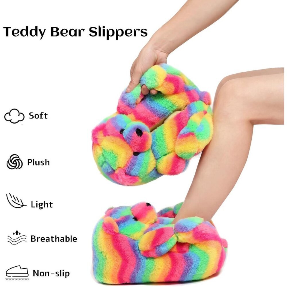 Women's Cute Fuzzy A06-rainbow Teddy Bear Slippers Cozy Cartoon Indoor Shoes - Picture 8 of 9